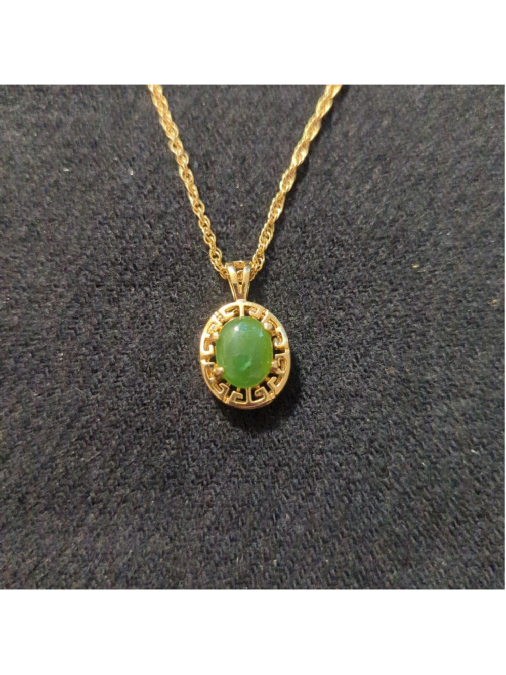 Gold Tone Green Jade Greek Key Design Dainty Delicate Pendant Statement Necklace
